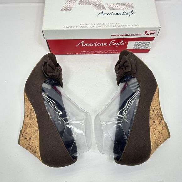 American Eagle Brown Fabric Peep Toe Cork Wedge Heel Shoes 8.5 Bow Classic - Picture 6 of 11